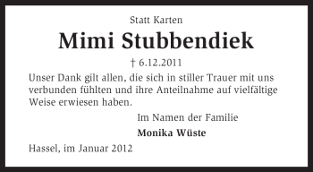 Traueranzeige von Mimi Stubbendiek von KREISZEITUNG SYKE