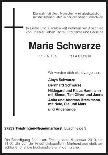 Traueranzeige von Maria Schwarze von KREISZEITUNG SYKE