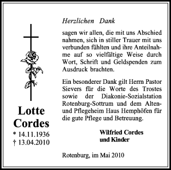 Traueranzeige von Lotte Cordes von KREISZEITUNG SYKE