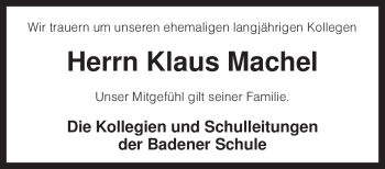 Traueranzeige von Klaus Machel von KREISZEITUNG SYKE