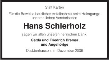 Traueranzeige von Hans Schierholz von KREISZEITUNG SYKE