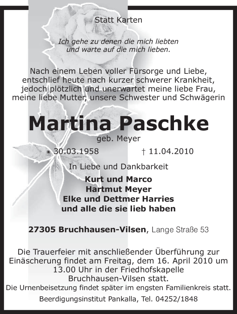  Traueranzeige für Martina Paschke vom 14.04.2010 aus KREISZEITUNG SYKE