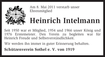 Traueranzeige von Heinrich Intelmann von KREISZEITUNG SYKE