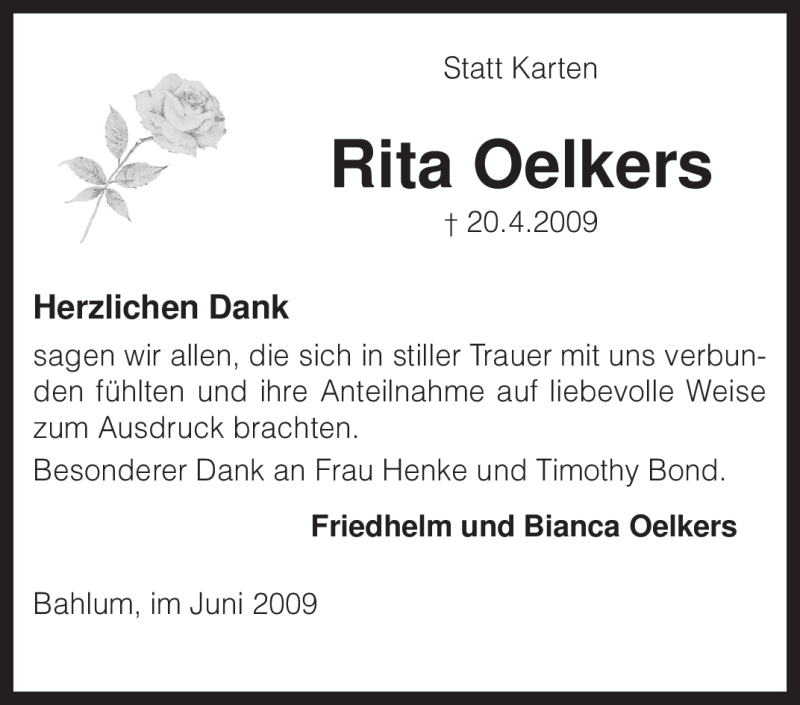  Traueranzeige für Rita Oelkers vom 13.06.2009 aus KREISZEITUNG SYKE