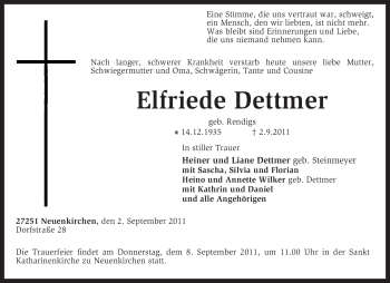 Traueranzeige von Elfriede Dettmer von KREISZEITUNG SYKE