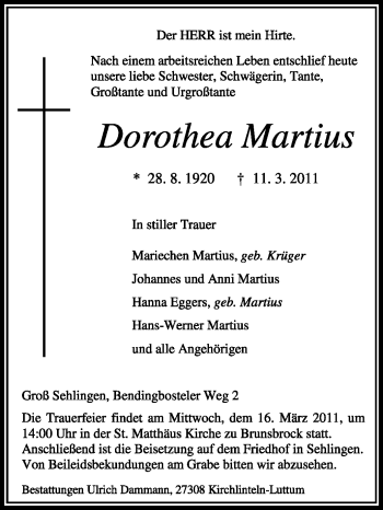 Traueranzeige von Dorothea Martius von KREISZEITUNG SYKE