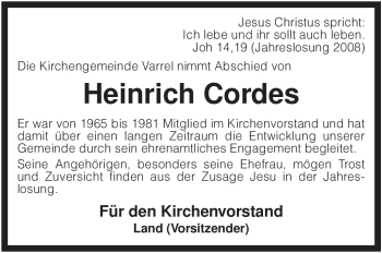 Traueranzeige von Heinrich Cordes von KREISZEITUNG SYKE