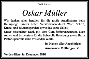 Traueranzeige von Oskar Müller von KREISZEITUNG SYKE