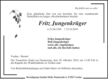 Traueranzeige von Fritz Jungenkrüger von KREISZEITUNG SYKE