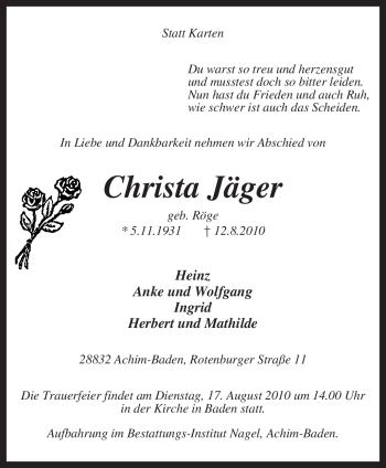 Traueranzeige von Christa Jäger von KREISZEITUNG SYKE