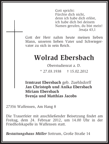 Traueranzeige von Wolrad Ebersbach von KREISZEITUNG SYKE