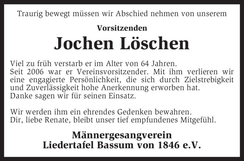  Traueranzeige für Jochen Löschen vom 27.04.2011 aus KREISZEITUNG SYKE