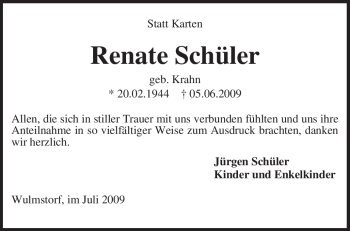 Traueranzeige von Renate Schüler von KREISZEITUNG SYKE