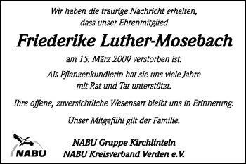 Traueranzeige von Friederike Luther-Mosebach von KREISZEITUNG SYKE