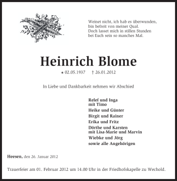 Traueranzeige von Heinrich Blome von KREISZEITUNG SYKE