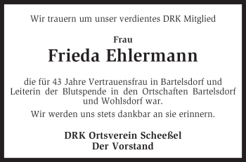 Traueranzeige von Frieda Ehlermann von KREISZEITUNG SYKE