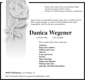 Traueranzeige von Danica Wegener von KREISZEITUNG SYKE