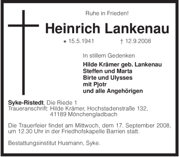 Traueranzeige von Heinrich Lankenau von KREISZEITUNG SYKE