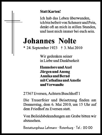 Traueranzeige von Johannes Nolte von KREISZEITUNG SYKE