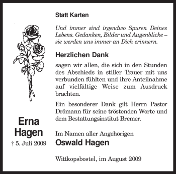 Traueranzeige von Erna Hagen von KREISZEITUNG SYKE