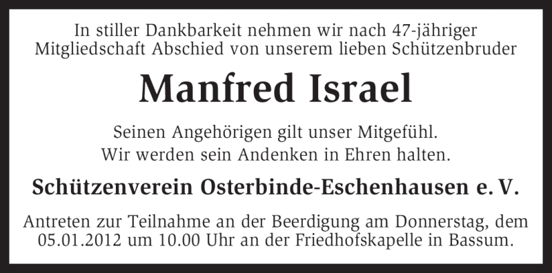  Traueranzeige für Manfred Israel vom 03.01.2012 aus KREISZEITUNG SYKE