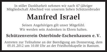 Traueranzeige von Manfred Israel von KREISZEITUNG SYKE