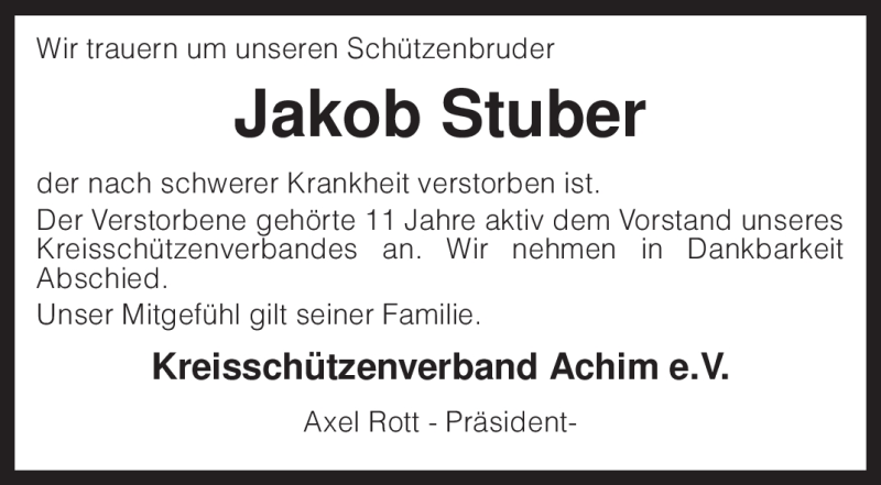  Traueranzeige für Jakob Stuber vom 04.08.2009 aus KREISZEITUNG SYKE