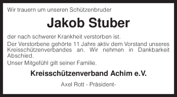 Traueranzeige von Jakob Stuber von KREISZEITUNG SYKE