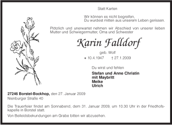 Traueranzeige von Karin Falldorf von KREISZEITUNG SYKE