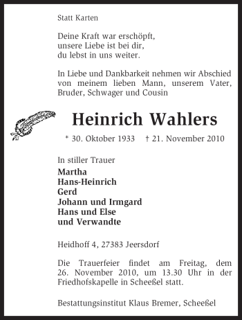 Traueranzeige von Heinrich Wahlers von KREISZEITUNG SYKE