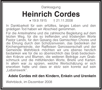 Traueranzeige von Heinrich Cordes von KREISZEITUNG SYKE