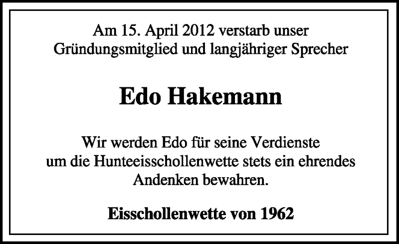  Traueranzeige für Edo Hakemann vom 17.04.2012 aus KREISZEITUNG SYKE