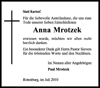 Traueranzeige von Anna Mrotzek von KREISZEITUNG SYKE