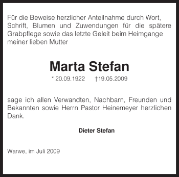 Traueranzeige von Marta Stefan von KREISZEITUNG SYKE