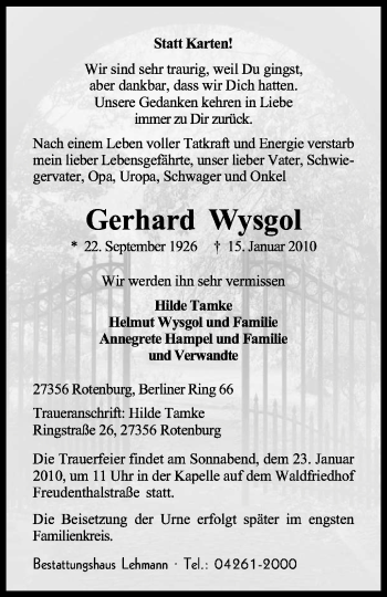 Traueranzeige von Gerhard Wysgol von KREISZEITUNG SYKE