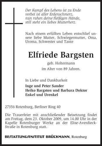 Traueranzeige von Elfriede Bargsten von KREISZEITUNG SYKE