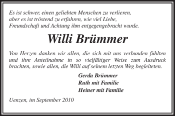 Traueranzeige von Willi Brümmer von KREISZEITUNG SYKE