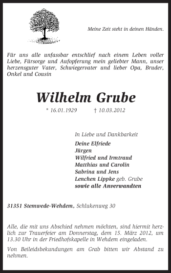 Traueranzeige von Wilhelm Grube von KREISZEITUNG SYKE