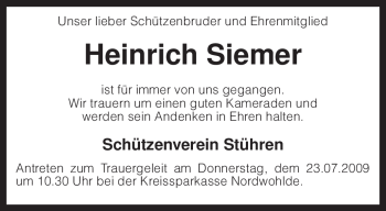 Traueranzeige von Heinrich Siemer von KREISZEITUNG SYKE