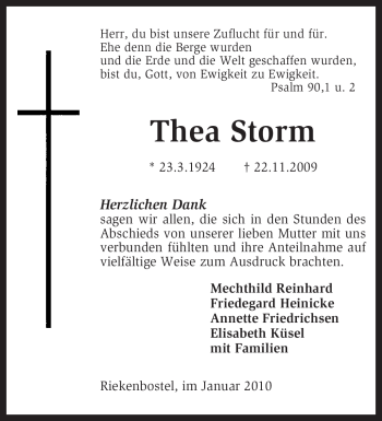 Traueranzeige von Thea Storm von KREISZEITUNG SYKE