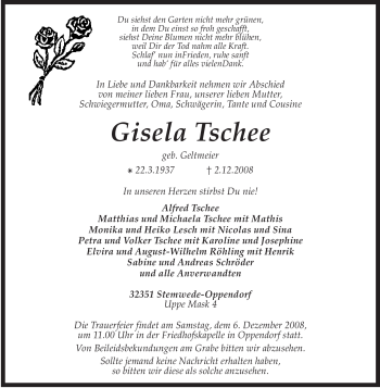 Traueranzeige von Gisela Tschee von KREISZEITUNG SYKE