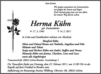 Traueranzeige von Herma Kühn von KREISZEITUNG SYKE