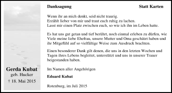 Traueranzeige von Gerda Kubat von KRZ