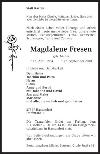 Traueranzeige von Magdalene Fresen von KREISZEITUNG SYKE