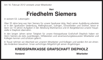 Traueranzeige von Friedhelm Siemers von KREISZEITUNG SYKE