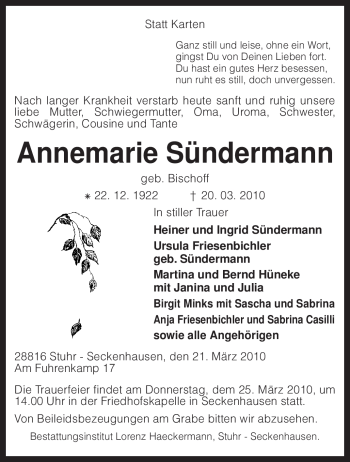 Traueranzeige von Annemarie Sündermann von KREISZEITUNG SYKE