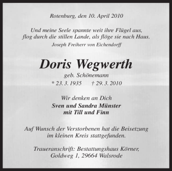 Traueranzeige von Doris Wegwerth von KREISZEITUNG SYKE