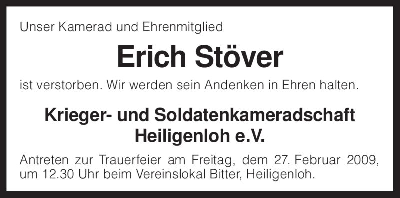  Traueranzeige für Erich Stöver vom 25.02.2009 aus KREISZEITUNG SYKE