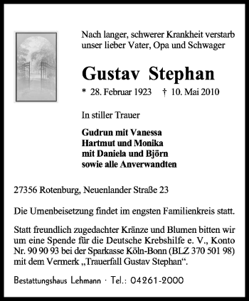 Traueranzeige von Gustav Stephan von KREISZEITUNG SYKE
