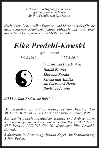 Traueranzeige von Elke Predehl-Kowski von KREISZEITUNG SYKE